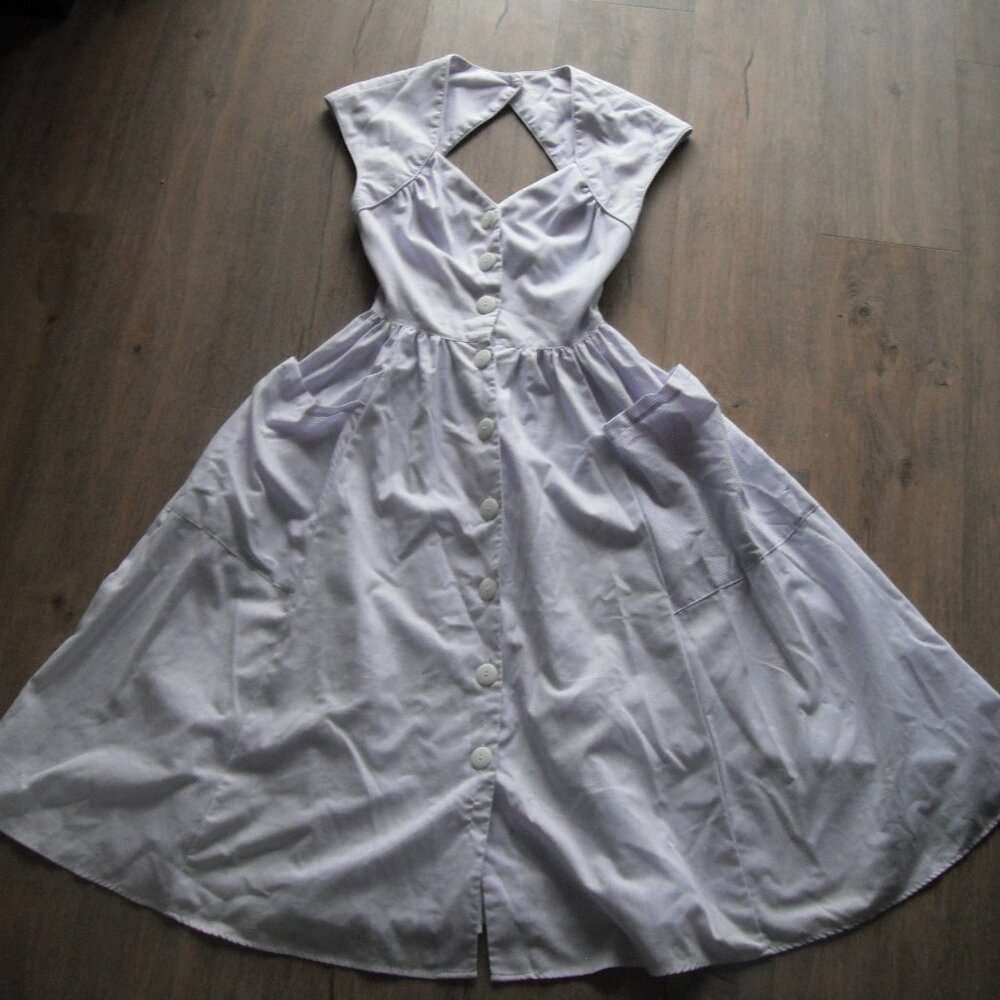 Vintage Gunne Sax Blue White Cotton Sundress With Open Back XXS